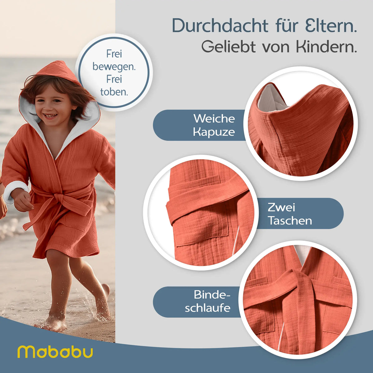 Mababu Kinderbademantel mit Kapuze aus Bio-Musselin – Bild 110