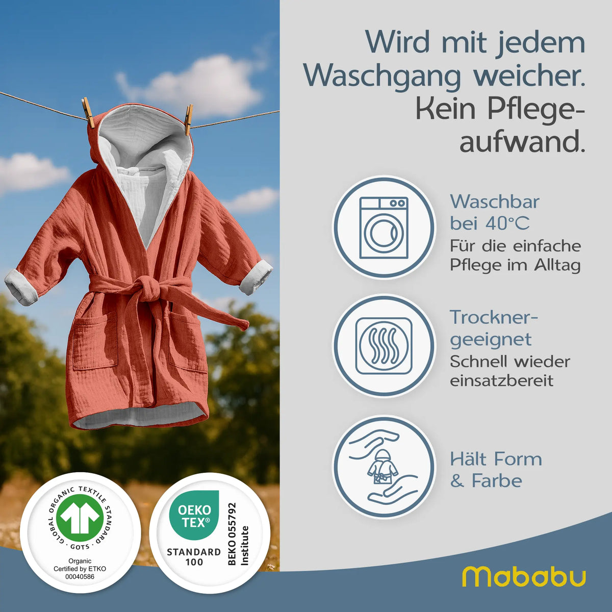 Mababu Kinderbademantel mit Kapuze aus Bio-Musselin – Bild 111
