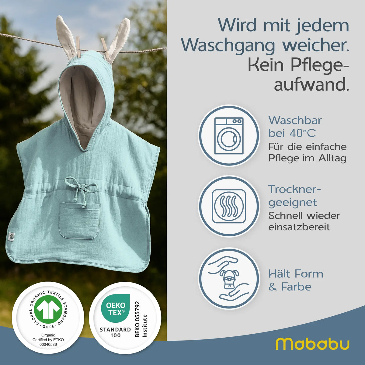 Mababu Badeponcho mit Hasenohren aus Bio-Musselin – Bild 89