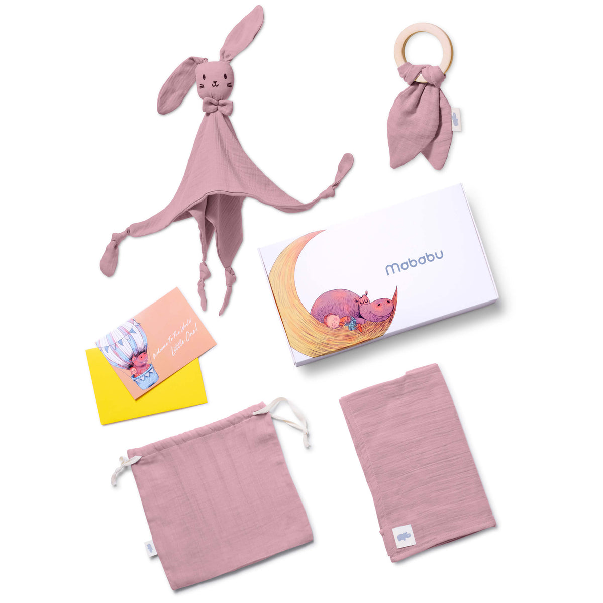 Mababu Baby-Geschenkset 4-teilig mit Schmusetuch Hase, Beißring und Spucktuch in Dusty Rose