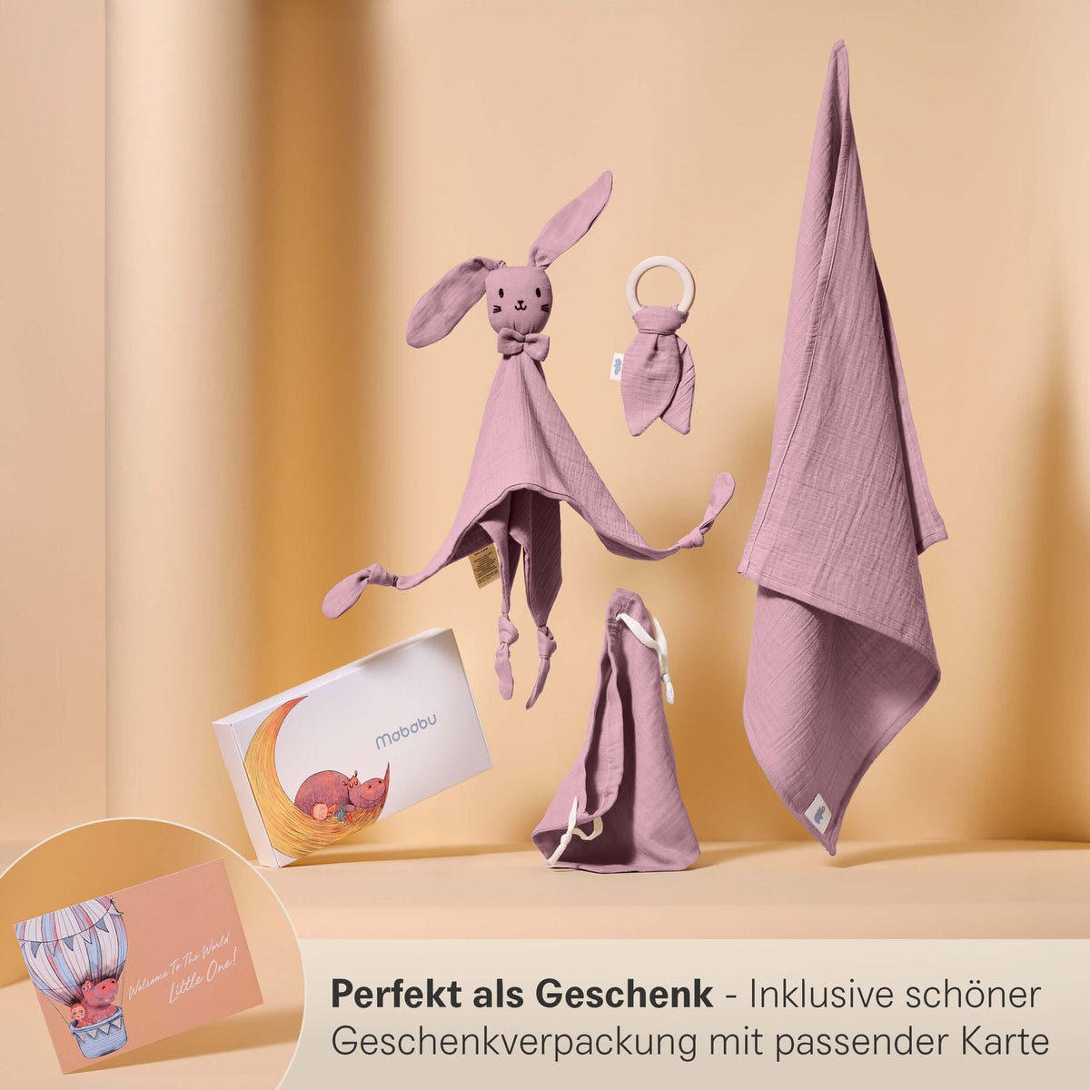 Mababu Baby-Geschenkset 4-teilig mit Schmusetuch Hase, Beißring und Spucktuch – Bild 9