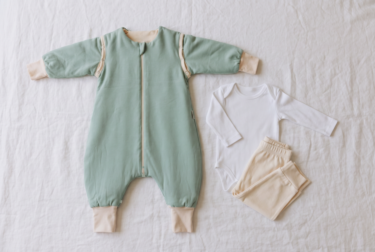 Mababu Schlafsack mit Füßen in Sea Green mit Langarmbody und Schlafanzughose als Outfit für die Nacht