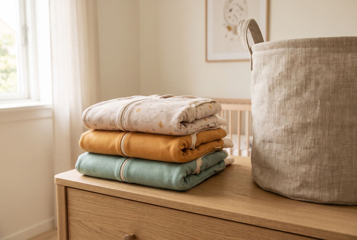 Drei gefaltete Mababu Schlafsäcke mit Füßen in Sea Green, Karamell und Hase auf einer Kommode