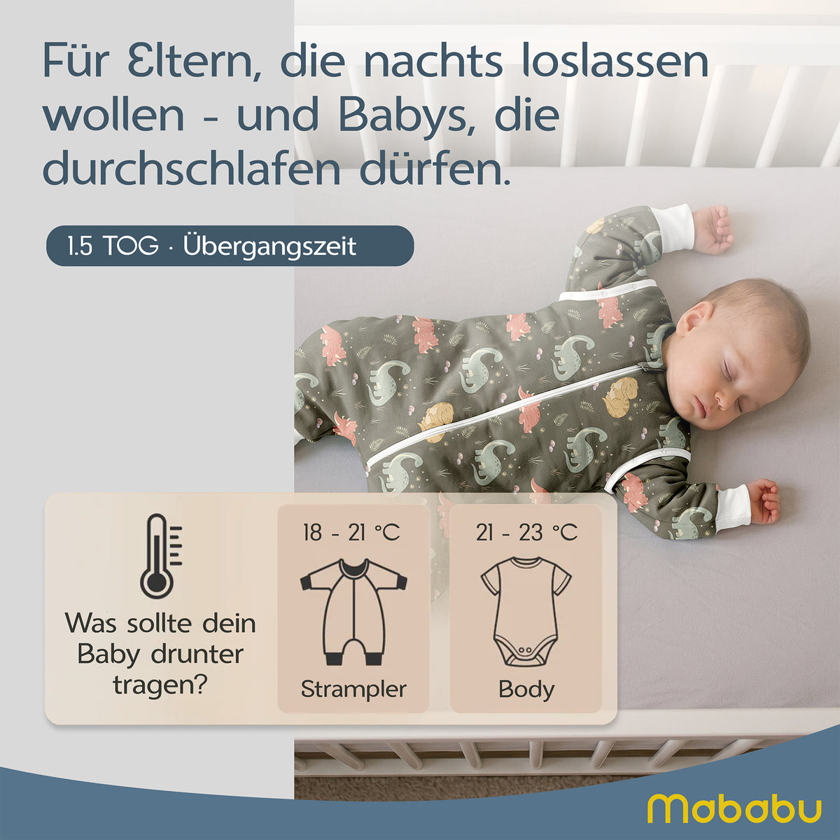 Mababu Übergangsschlafsack mit Füßen 1.5 TOG in Prehistoric Earth – 1.5 TOG · Übergangszeit: was dein Baby darunter trägt