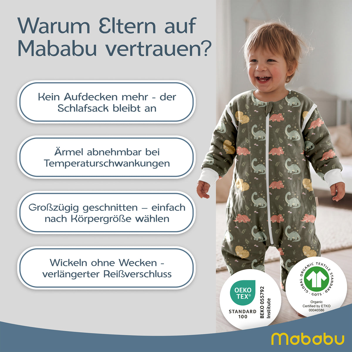 Mababu Übergangsschlafsack mit Füßen 1.5 TOG in Prehistoric Earth – Warum Eltern Mababu vertrauen, OEKO-TEX Standard 100 und GOTS