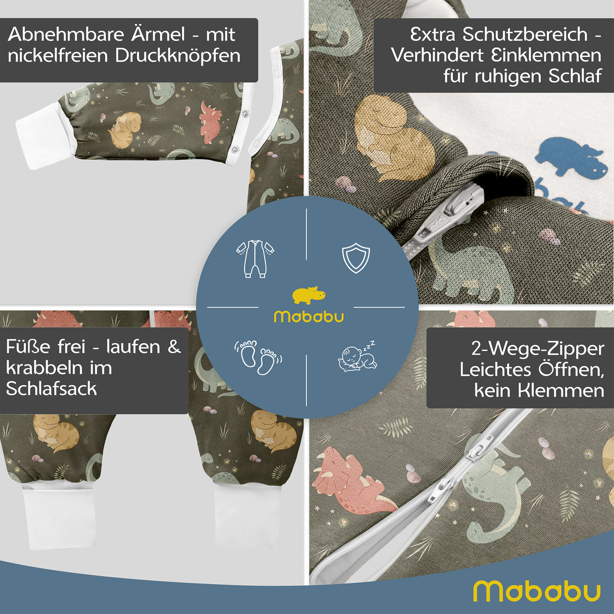 Mababu Übergangsschlafsack mit Füßen 1.5 TOG in Prehistoric Earth – abnehmbare Ärmel, Füße frei, Schutz am Reißverschluss