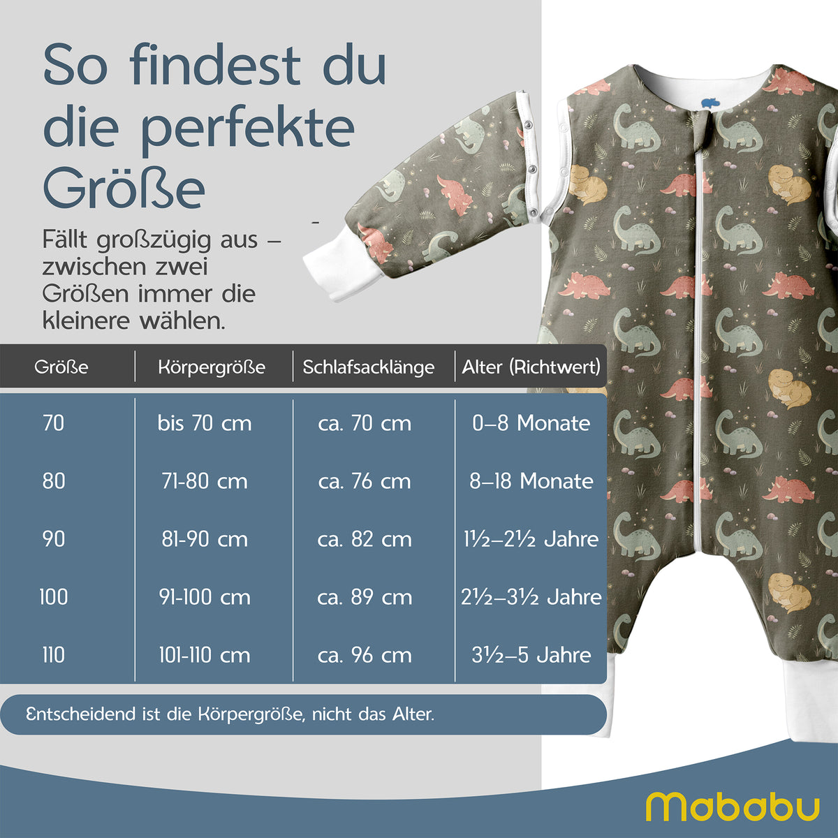 Mababu Übergangsschlafsack mit Füßen 1.5 TOG in Prehistoric Earth – Größentabelle 70 bis 110 nach Körpergröße