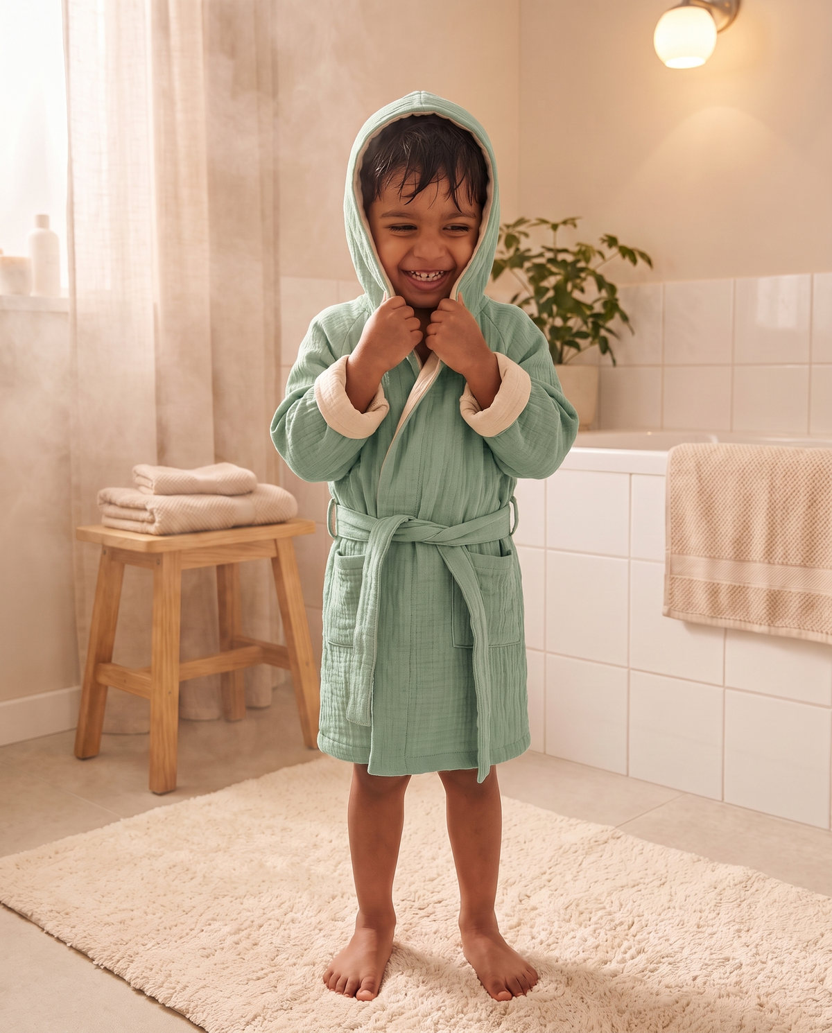 Kind im Mababu Kapuzen-Bademantel aus Bio-Musselin in Khaki nach dem Baden