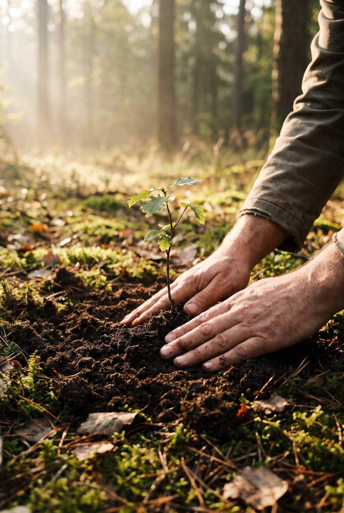 Hände pflanzen einen jungen Baum im Wald