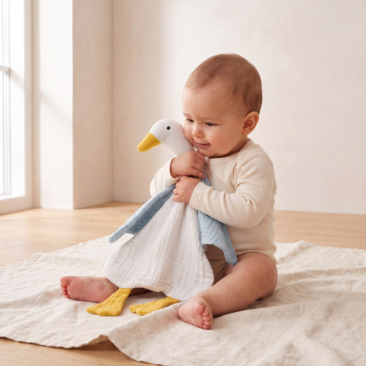 Baby kuschelt mit dem Mababu Schmusetuch Ente in Sea Green