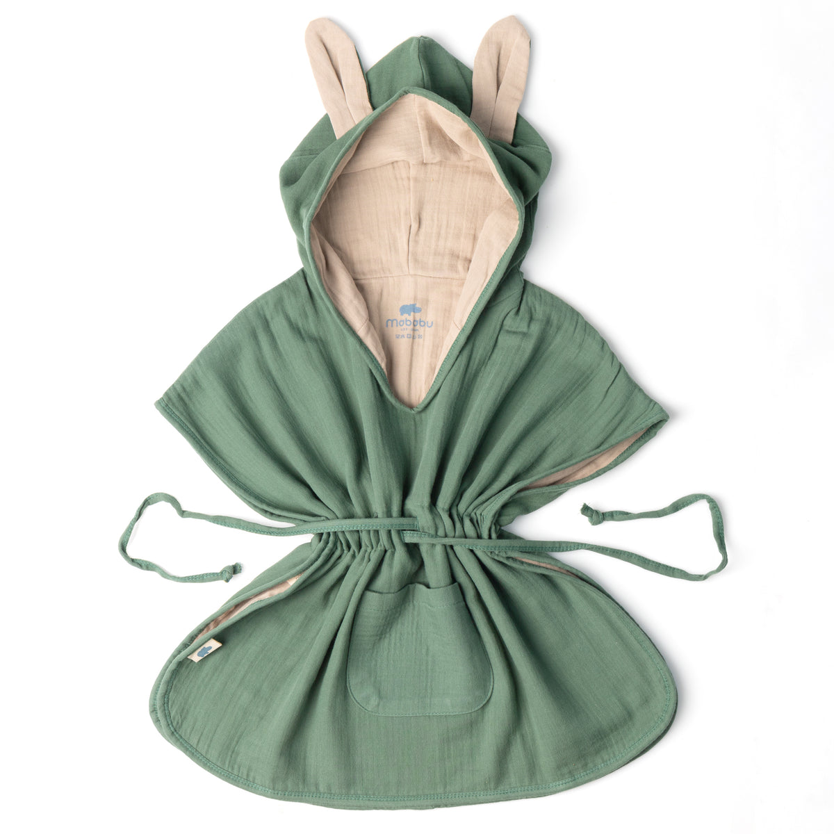 Mababu Badeponcho mit Hasenohren aus Bio-Musselin in Khaki / Beige