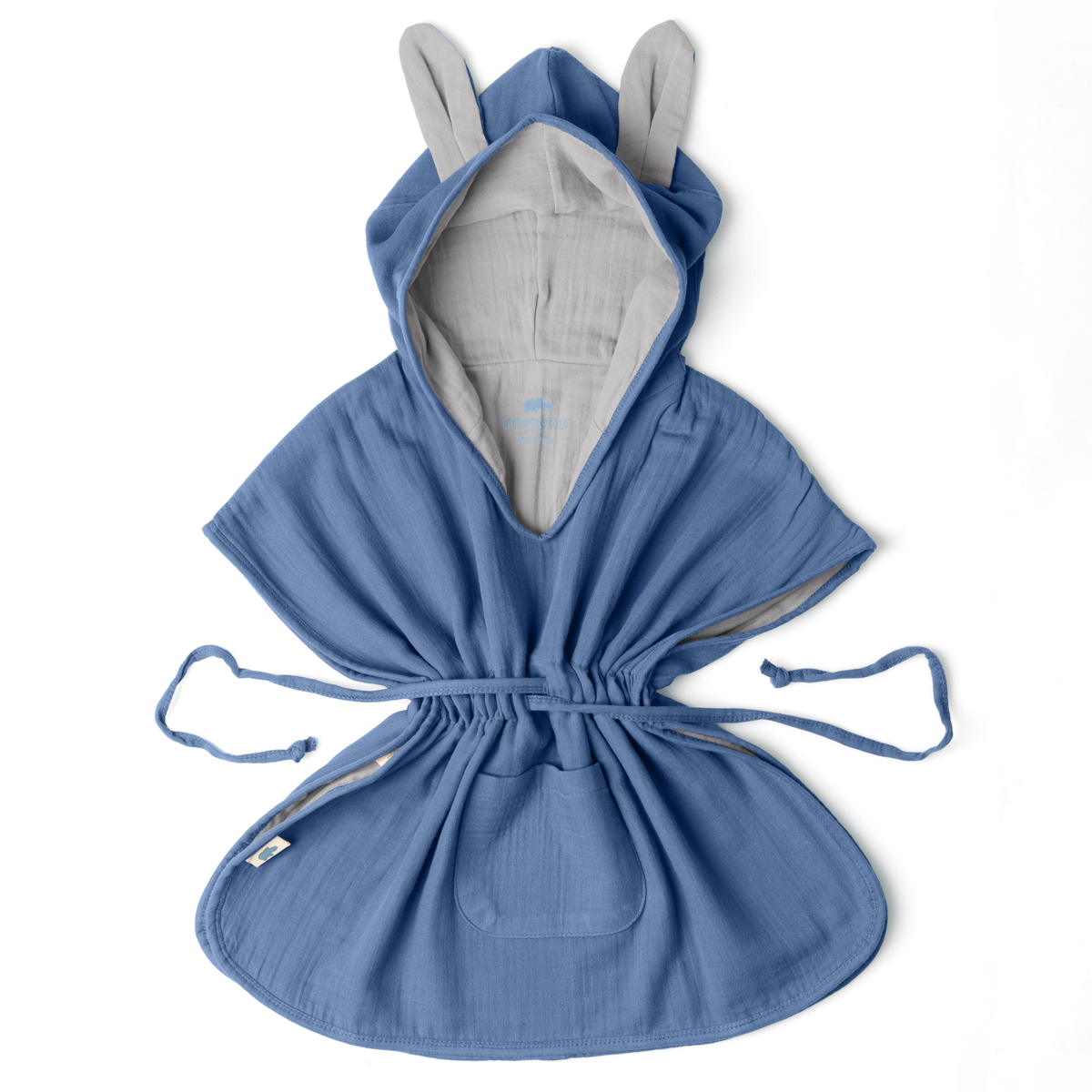 Mababu Badeponcho mit Hasenohren aus Bio-Musselin in Indigo Blau / Grau