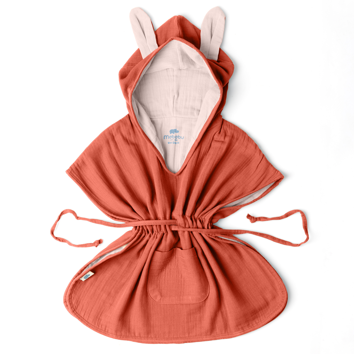 Mababu Badeponcho mit Hasenohren aus Bio-Musselin in Rust / Beige