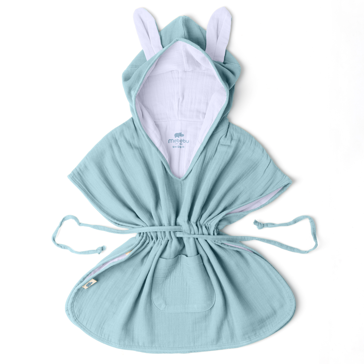 Mababu Badeponcho mit Hasenohren aus Bio-Musselin in Sea Green / Ecru